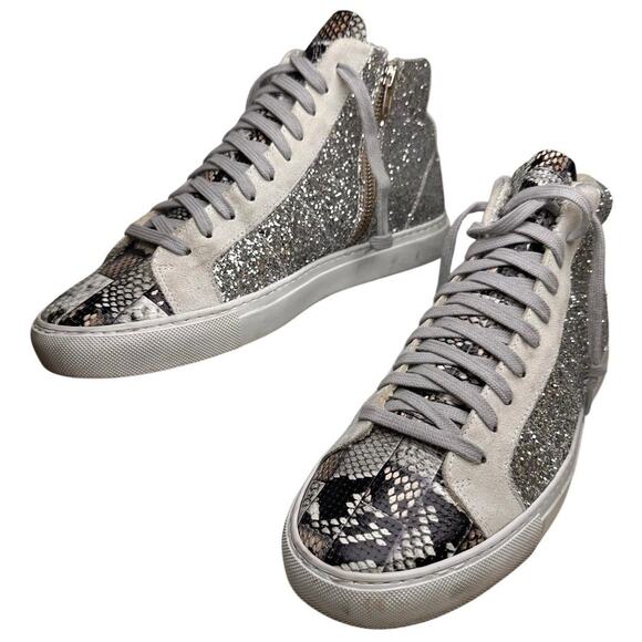 P448 EU 41 Glitter Snakeskin Hi Top Side Zip Sneakers Made In Italy Rebel Chic - Picture 10 of 16